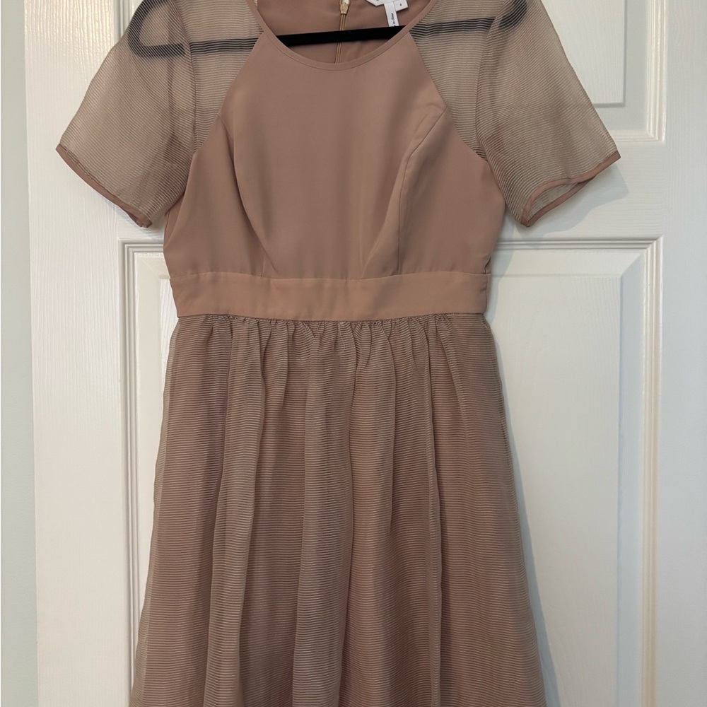 BCBGeneration Tan Babydoll Dress with Sheer Sleeves